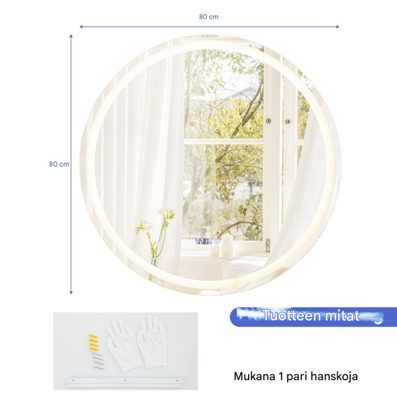 Pyöreä hopeinen LED-peili huurteenestolla ja säädettävällä valolla