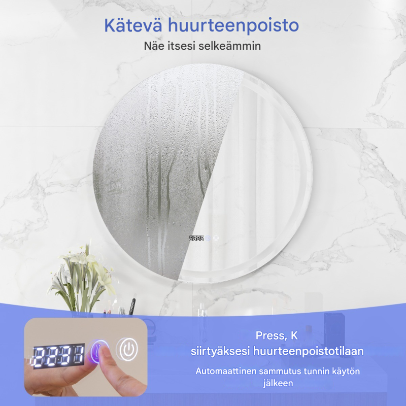 Pyöreä hopeinen LED-peili huurteenestolla ja säädettävällä valolla