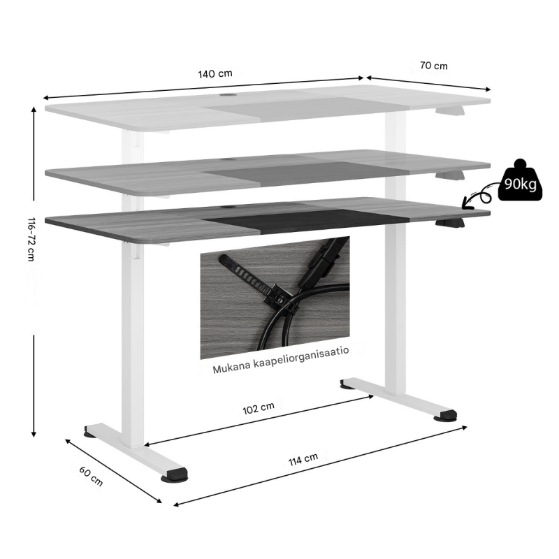 Sähköisesti säädettävä työpöytä 140x70 cm tummanharmaa