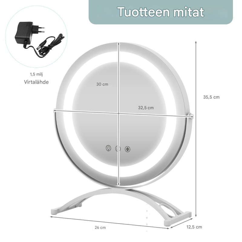 Valkoinen LED-kosmetiikkapeili säädettävällä valaistuksella ja muistitoiminnolla