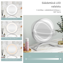 Valkoinen LED-kosmetiikkapeili säädettävällä valaistuksella ja muistitoiminnolla