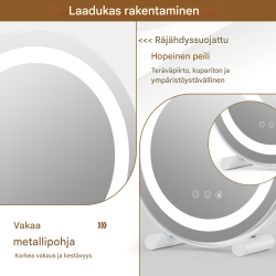 Pyöreä valkoinen LED-kosmetiikkapeili kosketusohjauksella ja muistilla