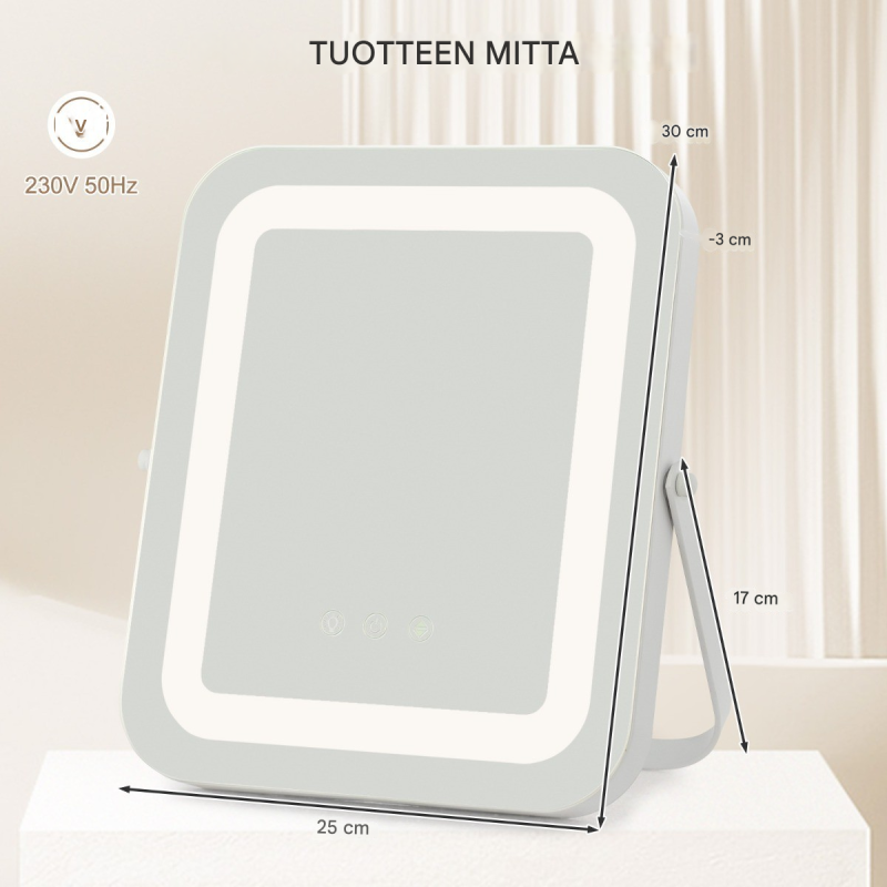 Valkoinen led-kosmetiikkapeili muistitoiminnolla ja kosketusohjauksella
