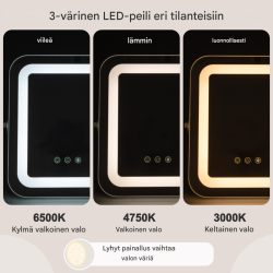 Valkoinen led-kosmetiikkapeili muistitoiminnolla ja kosketusohjauksella