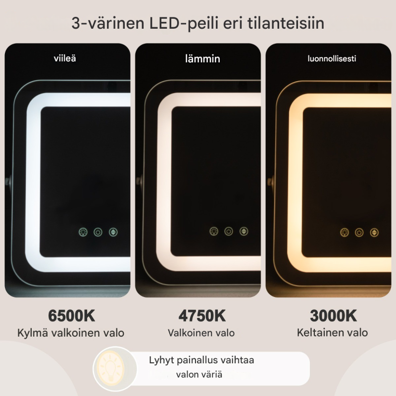 Valkoinen led-kosmetiikkapeili muistitoiminnolla ja kosketusohjauksella