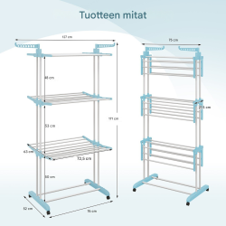 Sininen 4-tasoinen taitettava pyykkiteline pyörillä Sininen 4-tasoinen taitettava pyykkiteline pyörillä