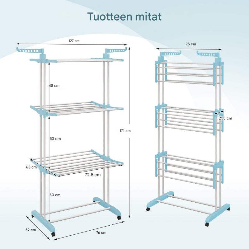 Sininen 4-tasoinen taitettava pyykkiteline pyörillä Sininen 4-tasoinen taitettava pyykkiteline pyörillä