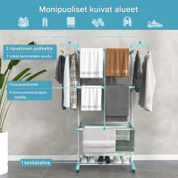 Sininen 4-tasoinen taitettava pyykkiteline pyörillä Sininen 4-tasoinen taitettava pyykkiteline pyörillä