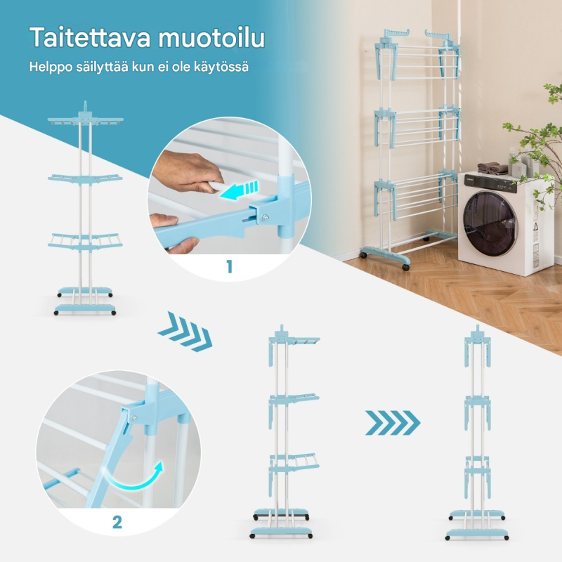 Sininen 4-tasoinen taitettava pyykkiteline pyörillä Sininen 4-tasoinen taitettava pyykkiteline pyörillä