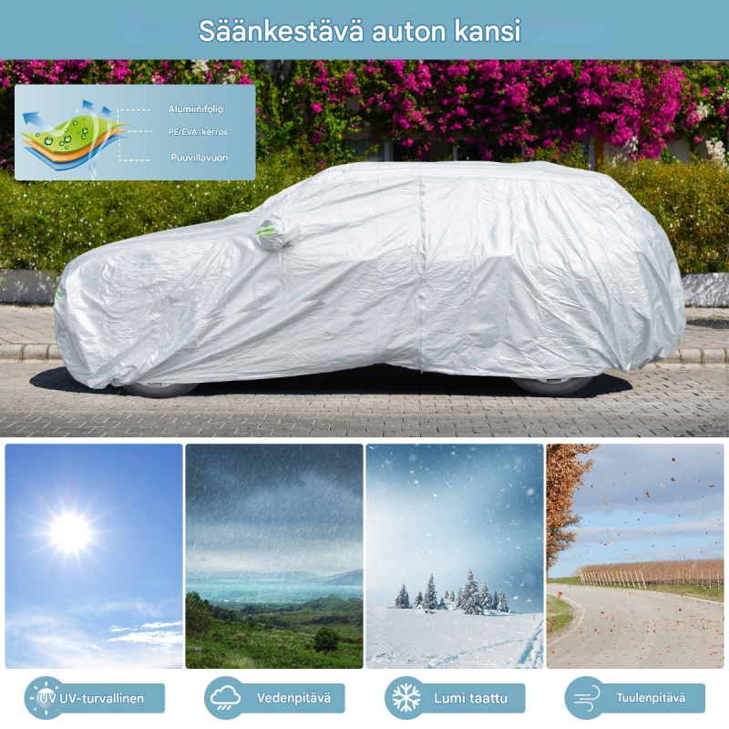 Säänkestävä hopeinen ajoneuvon suojapeite vetoketjullisella ovella