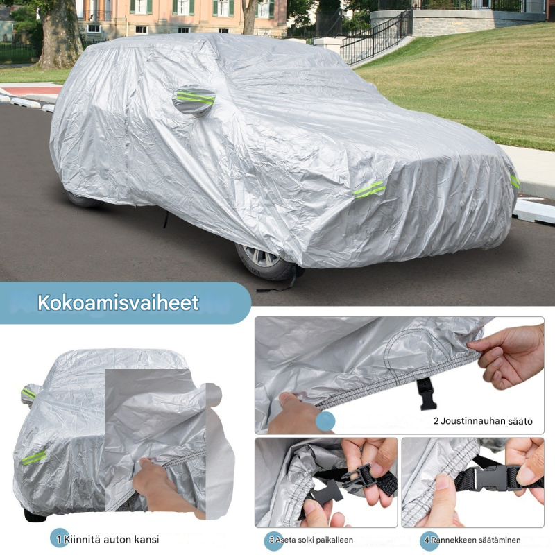 Säänkestävä hopeinen autonsuoja vetoketjuovella ja heijastimilla