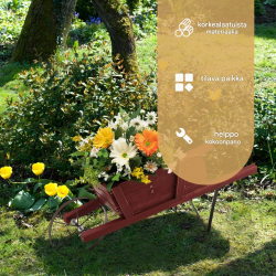 Punainen puinen istutuskärry magneettikoristeilla ja metallirungolla