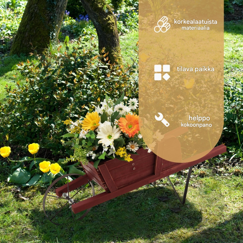 Punainen puinen istutuskärry magneettikoristeilla ja metallirungolla