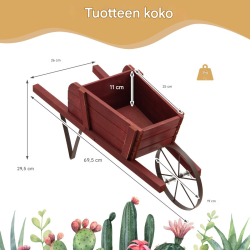 Punainen puinen istutuskärry magneettikoristeilla ja metallirungolla