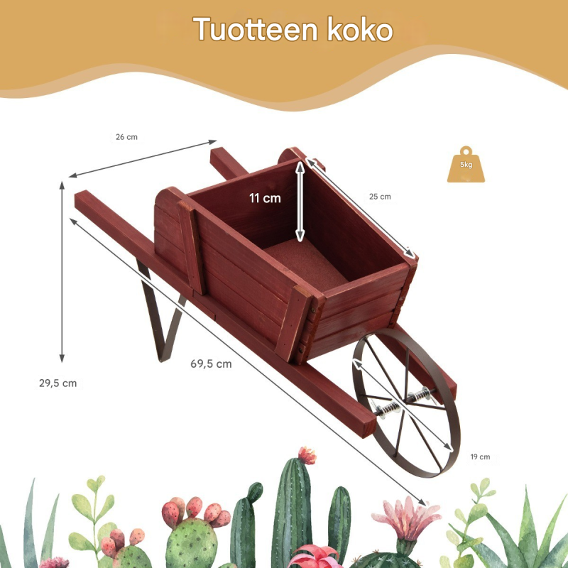 Punainen puinen istutuskärry magneettikoristeilla ja metallirungolla