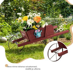 Punainen puinen istutuskärry magneettikoristeilla ja metallirungolla