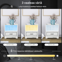 Kahden yöpöydän setti LED-valolla ja USB-liitännällä