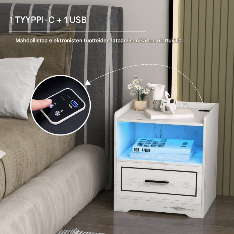 Kahden yöpöydän setti LED-valolla ja USB-liitännällä