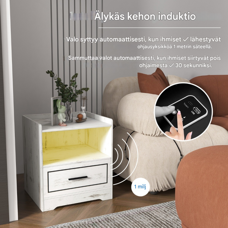 Kahden yöpöydän setti LED-valolla ja USB-liitännällä