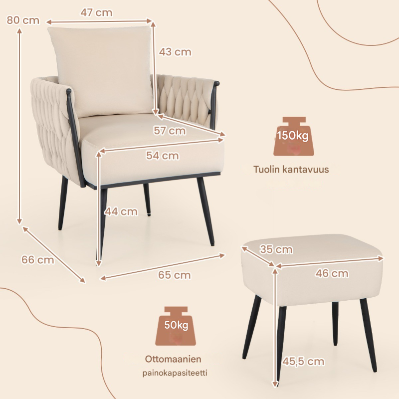 Valkoinen korvatuoli ja rahi hollantilaisesta sametista