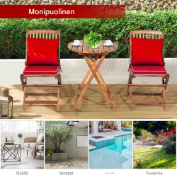 Kolmiosainen terassikalustesetti pyöreällä pöydällä ja punaisilla tyynyillä