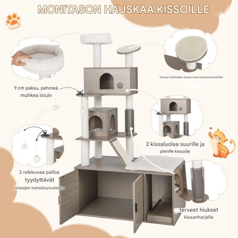 Raapimispuu kissanvessalla, harmaa, monitasoinen ja vakaa
