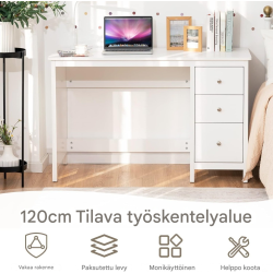 Valkoinen työpöytä kolmella laatikolla ja kaatumisenesto