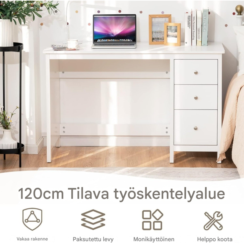 Valkoinen työpöytä kolmella laatikolla ja kaatumisenesto