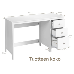 Valkoinen työpöytä kolmella laatikolla ja kaatumisenesto