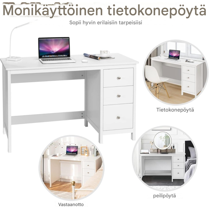 Valkoinen työpöytä kolmella laatikolla ja kaatumisenesto