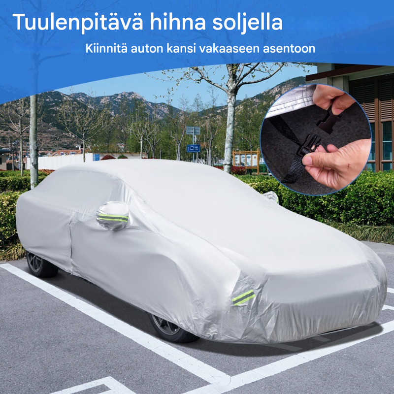 Säänkestävä hopeinen autopeite vetoketjulla ja säilytyspussilla