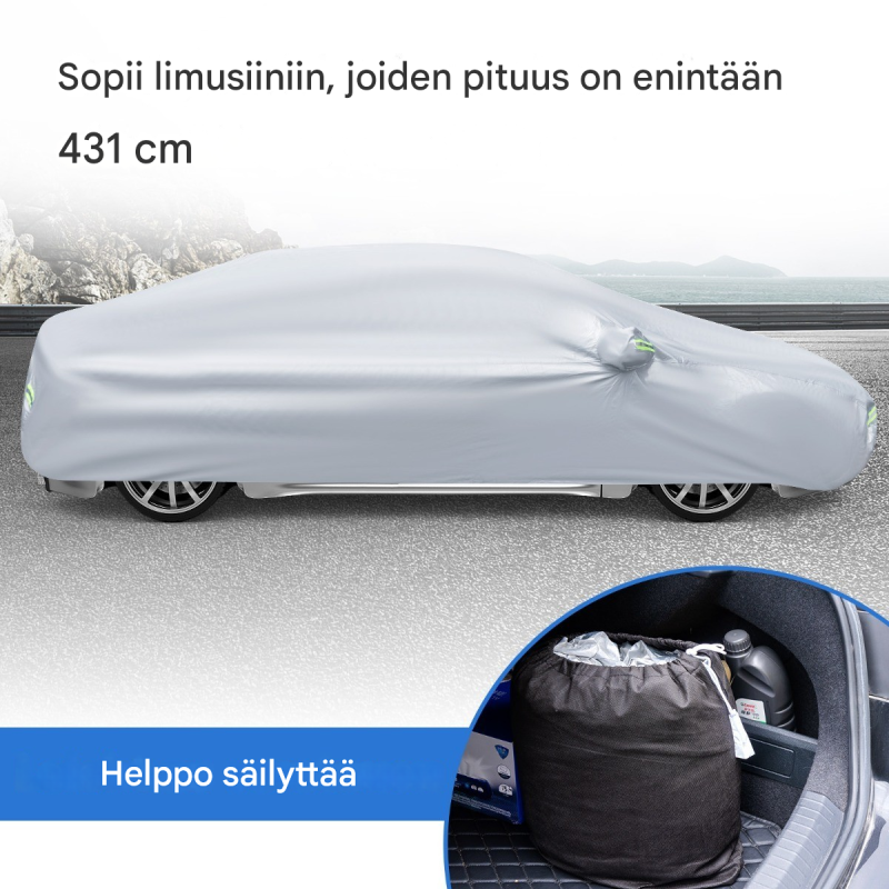 Säänkestävä hopeinen autopeite vetoketjulla ja säilytyspussilla
