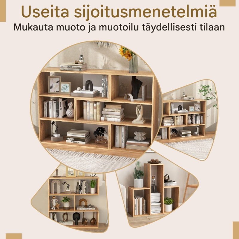 Konkavi kirjahylly 3 tasolla ja kaatumissuoja, luonnonväri