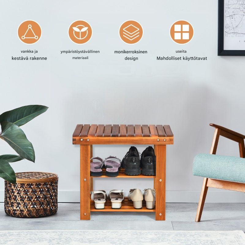 Ruskea monikäyttöinen kenkäpenkki akasiapuusta, 2-in-1 säilytysratkaisu