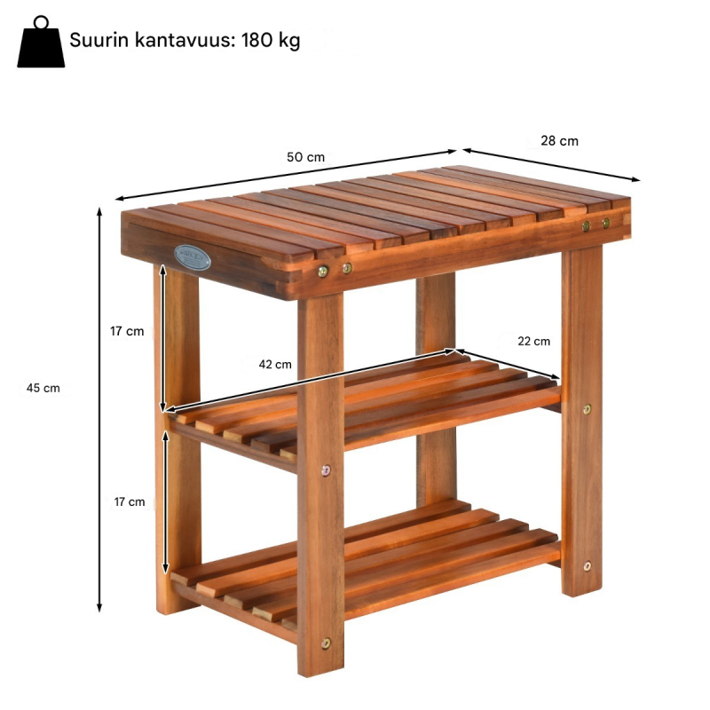 Ruskea monikäyttöinen kenkäpenkki akasiapuusta, 2-in-1 säilytysratkaisu