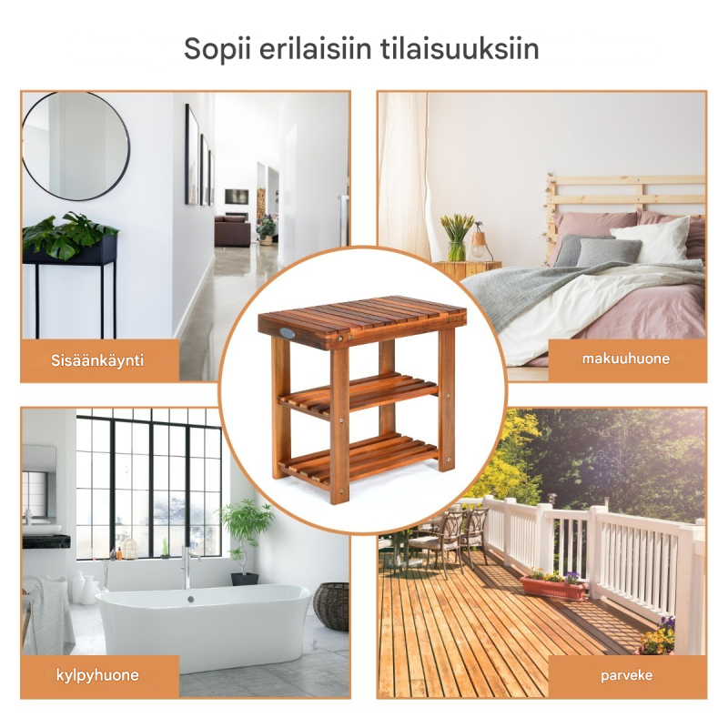 Ruskea monikäyttöinen kenkäpenkki akasiapuusta, 2-in-1 säilytysratkaisu