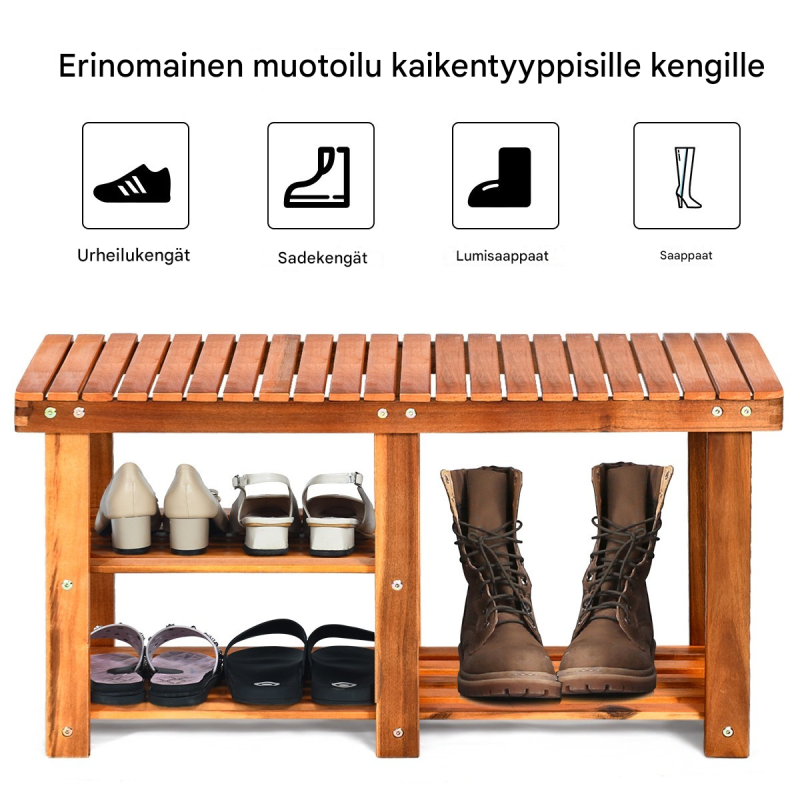 Kenkäpenkki akasiapuusta, säilytystilalla ja istuimella, ruskea