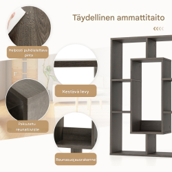 Moderni harmaa geometrinen kirjahylly 7 lokerolla ja kaatumissuojalla Moderni harmaa geometrinen kirjahylly 7 lokerolla ja kaatumissuojalla