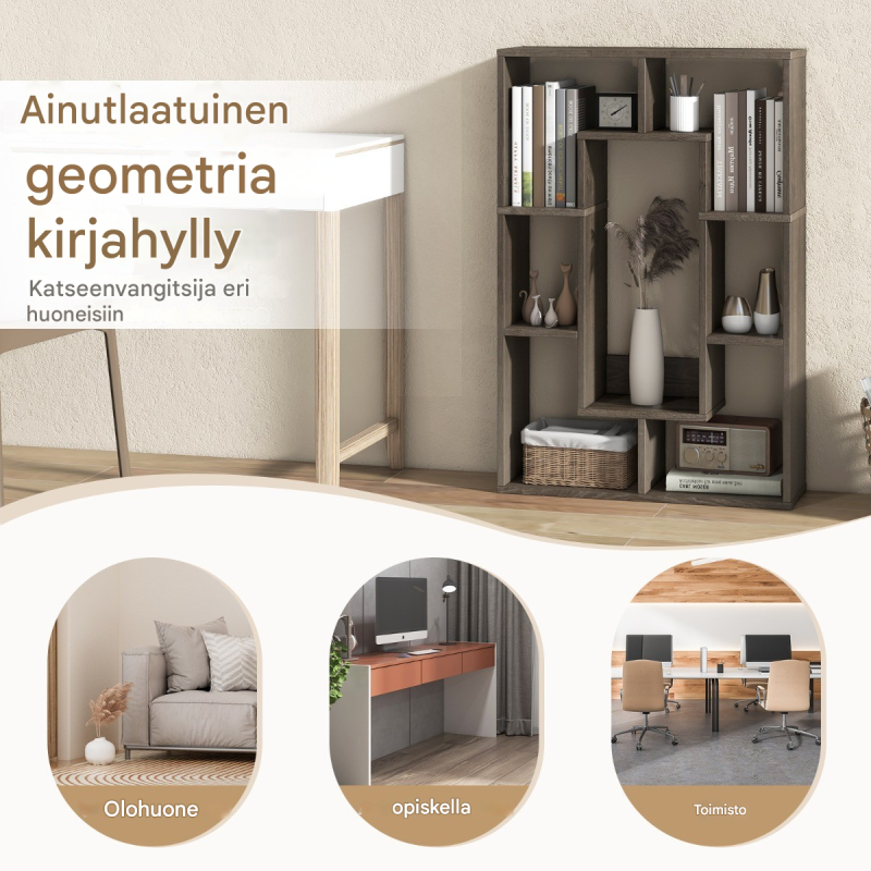 Moderni harmaa geometrinen kirjahylly 7 lokerolla ja kaatumissuojalla Moderni harmaa geometrinen kirjahylly 7 lokerolla ja kaatumissuojalla