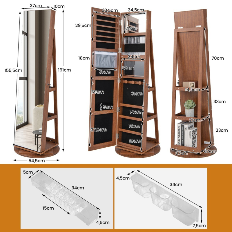 360° kääntyvä korukaappi LED-valoilla ja kokovartalopeilillä