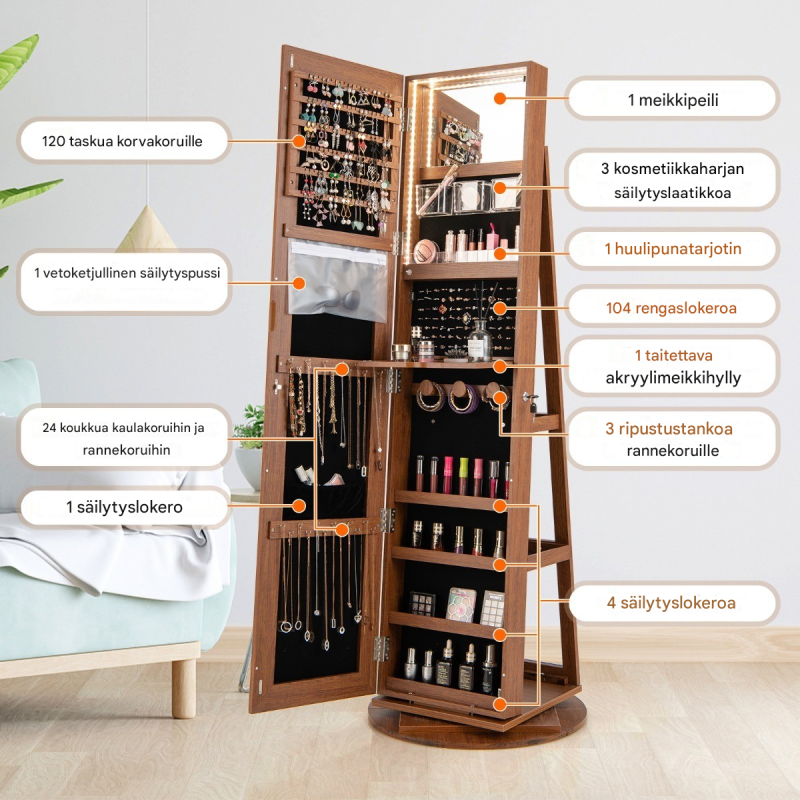 360° kääntyvä korukaappi LED-valoilla ja kokovartalopeilillä