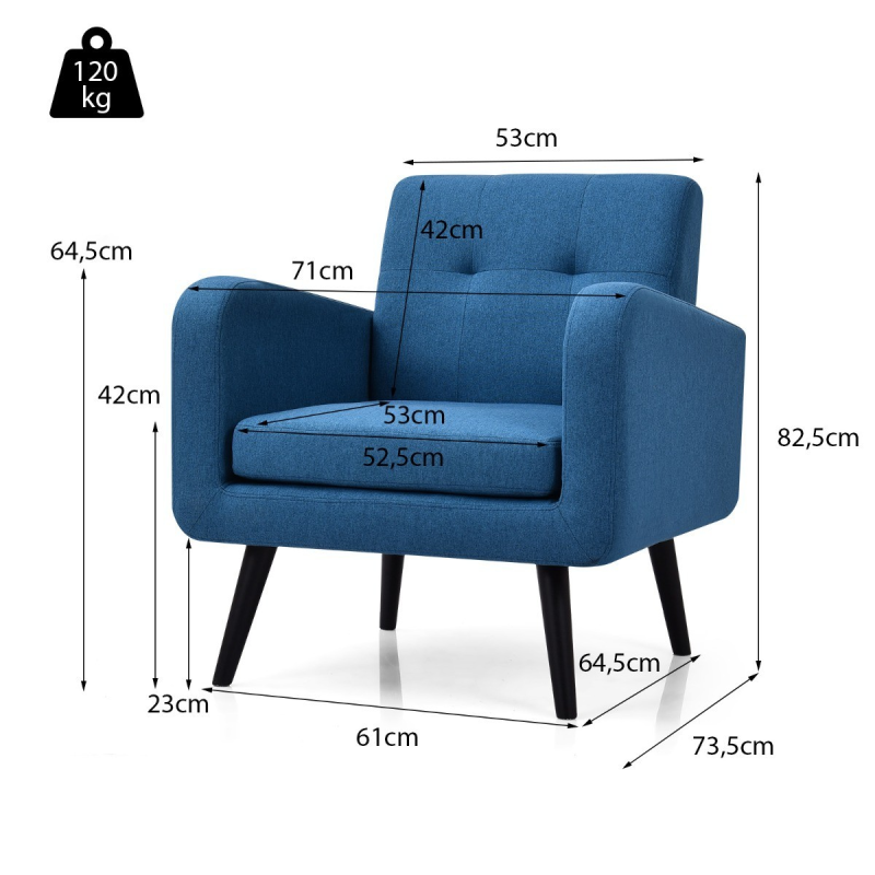 Sininen mukava nojatuoli kumipuujaloilla ja napituksella