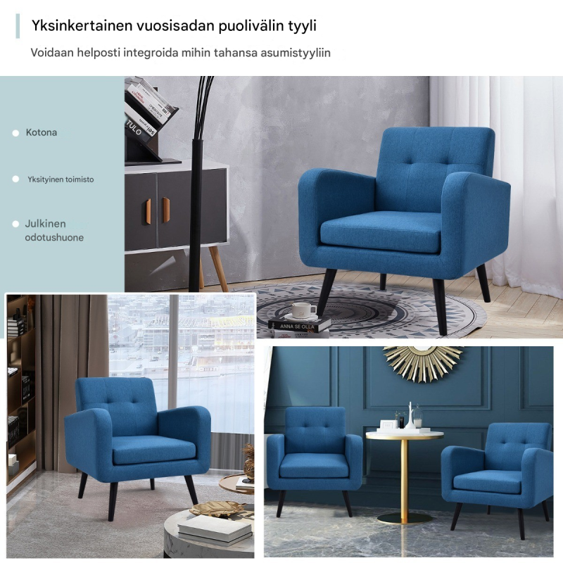 Sininen mukava nojatuoli kumipuujaloilla ja napituksella