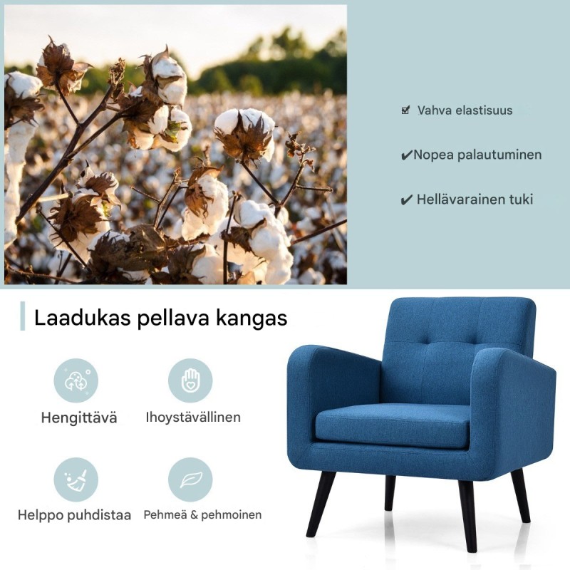 Sininen mukava nojatuoli kumipuujaloilla ja napituksella