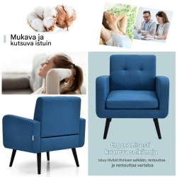 Sininen mukava nojatuoli kumipuujaloilla ja napituksella