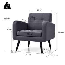 Harmaa mukava nojatuoli kumipuujaloilla ja pellavapäällysteellä