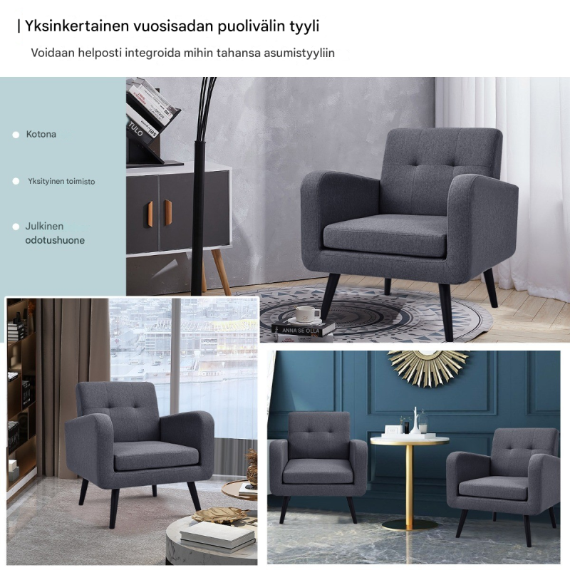 Harmaa mukava nojatuoli kumipuujaloilla ja pellavapäällysteellä