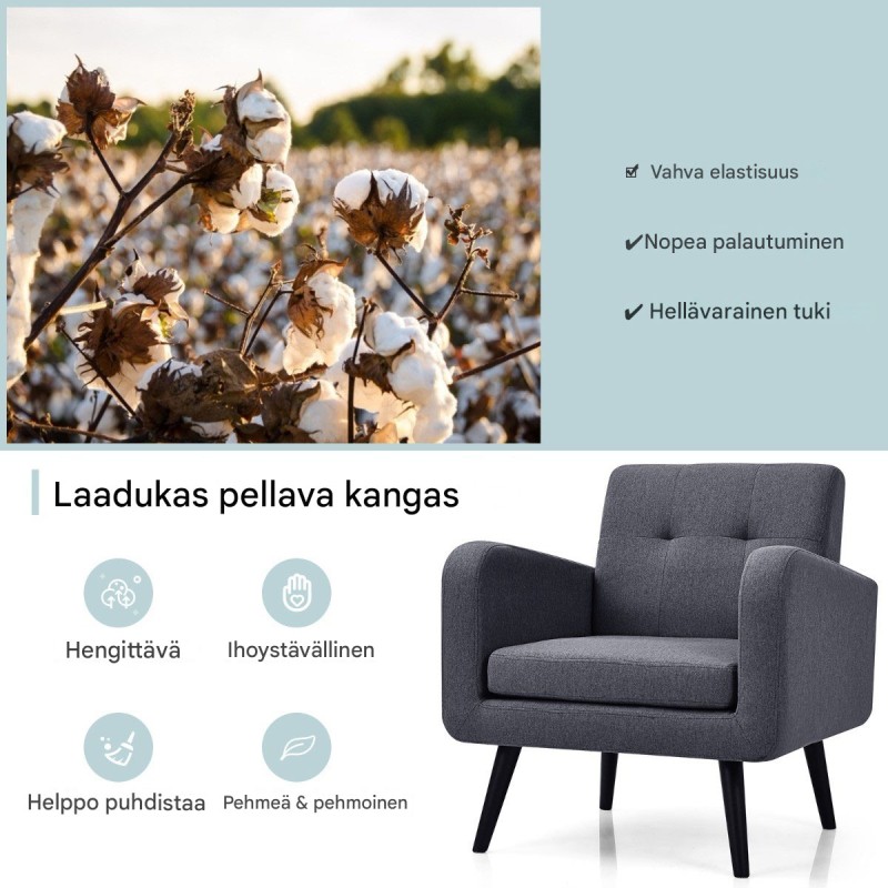 Harmaa mukava nojatuoli kumipuujaloilla ja pellavapäällysteellä