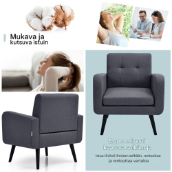 Harmaa mukava nojatuoli kumipuujaloilla ja pellavapäällysteellä