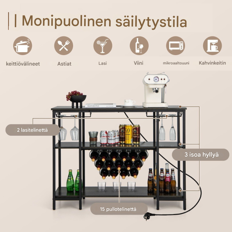 Teollinen harmaa viinikaappi latausasemalla ja säilytystilalla